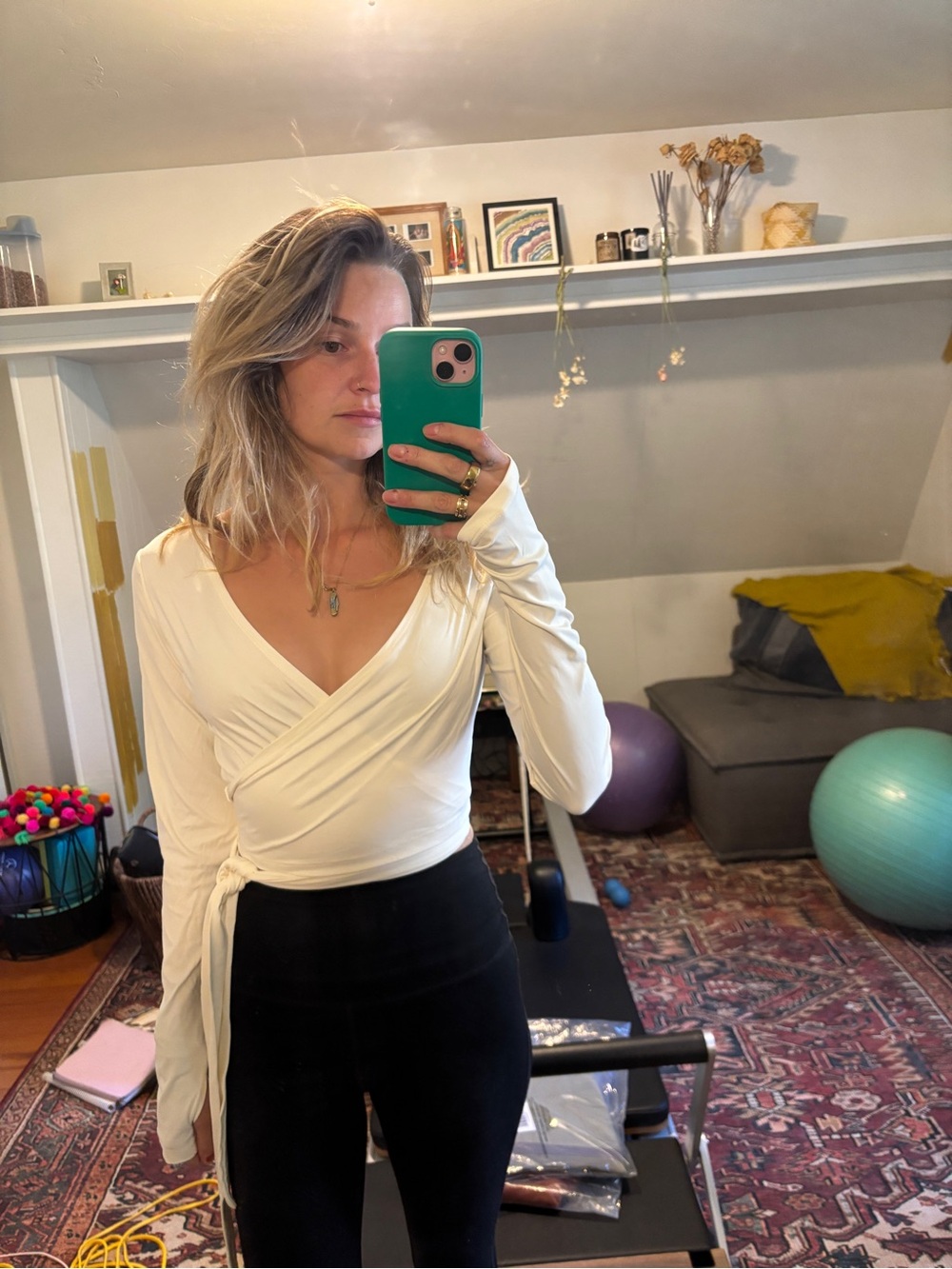 Women's Cream Wrap-Front Long Sleeve Top with Side Tie Vitality Brand